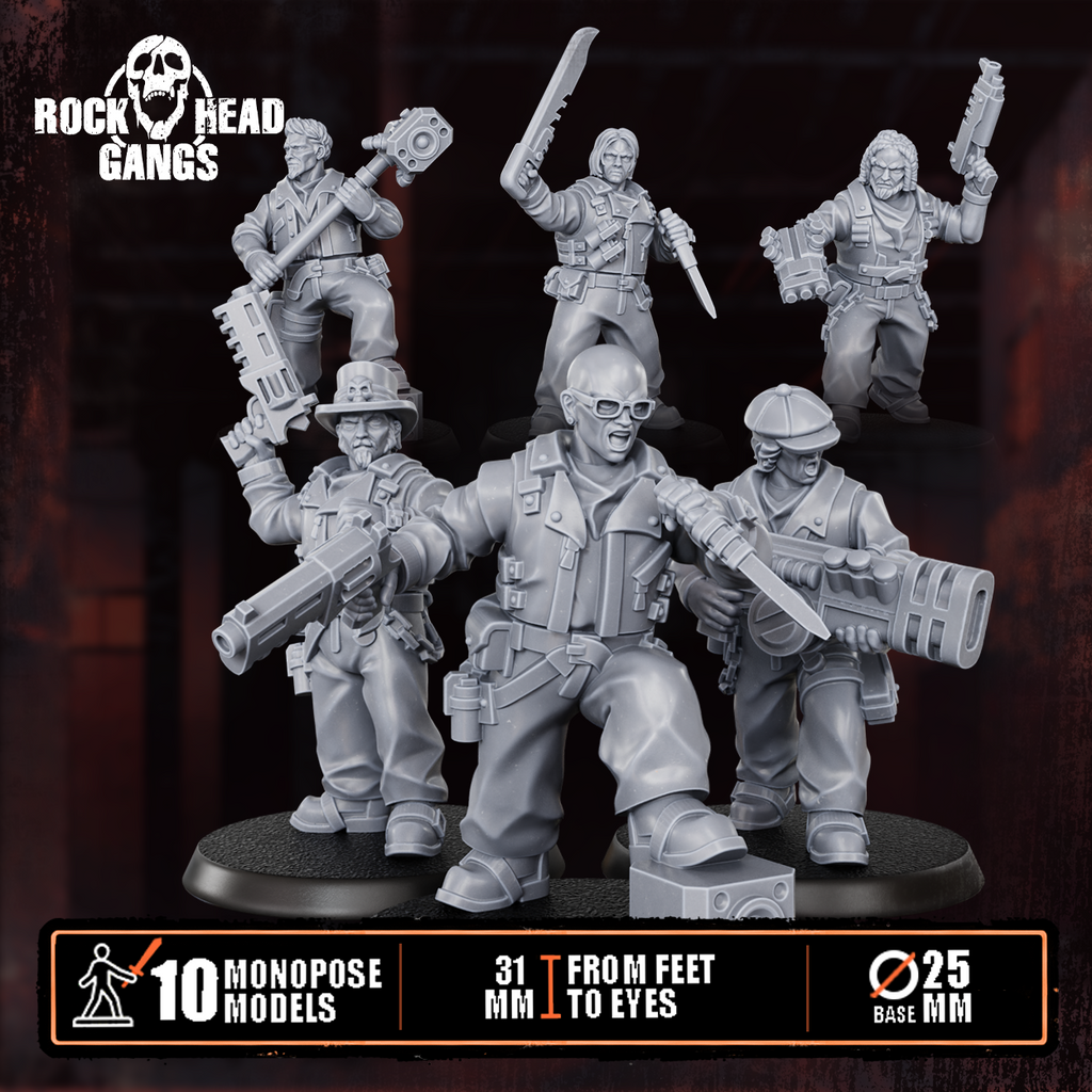 Rock ’n Rolla Gang resin miniature crew showing multiple sci-fi punk gang members with weapons, gear, and street-fighter styling.
