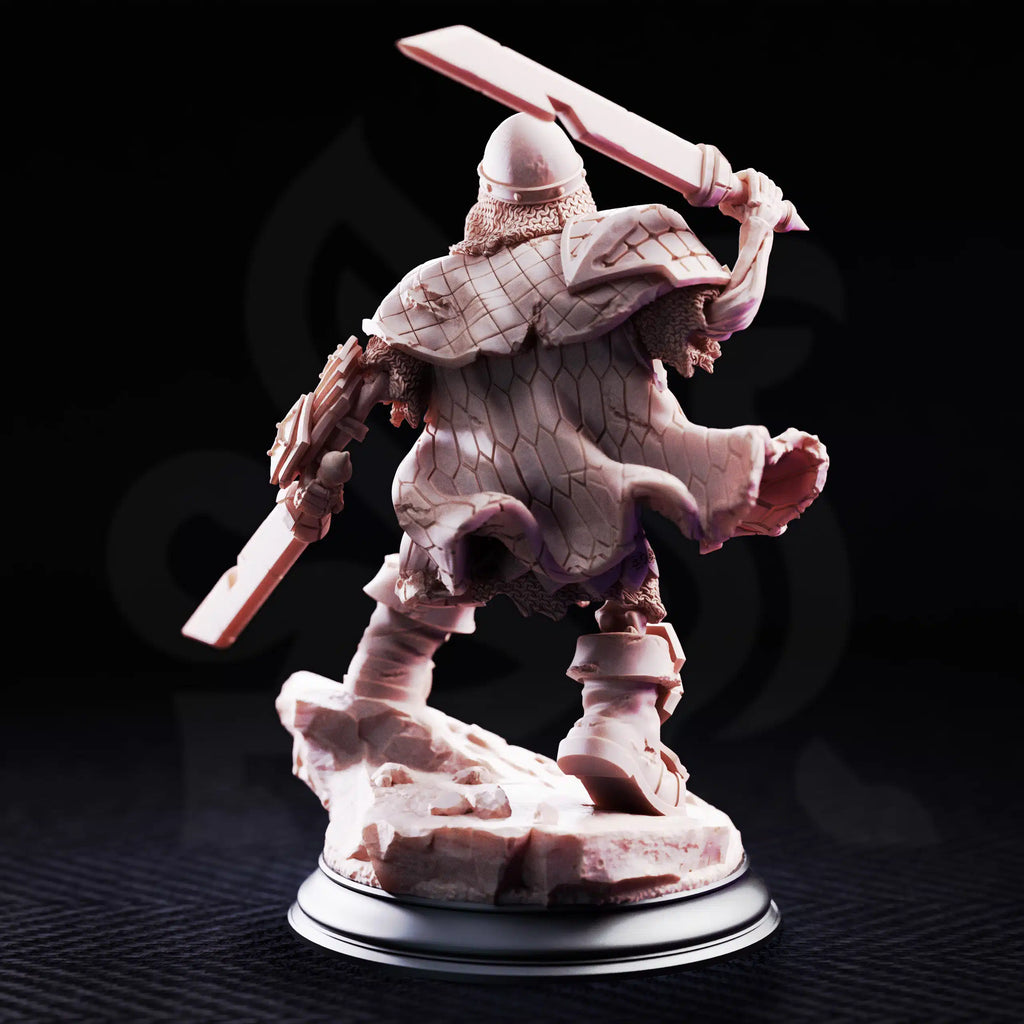Rear view of Mook, undead dwarven brother miniature by DM Stash, showing armor, cloak, weapon, and sculpted back details.