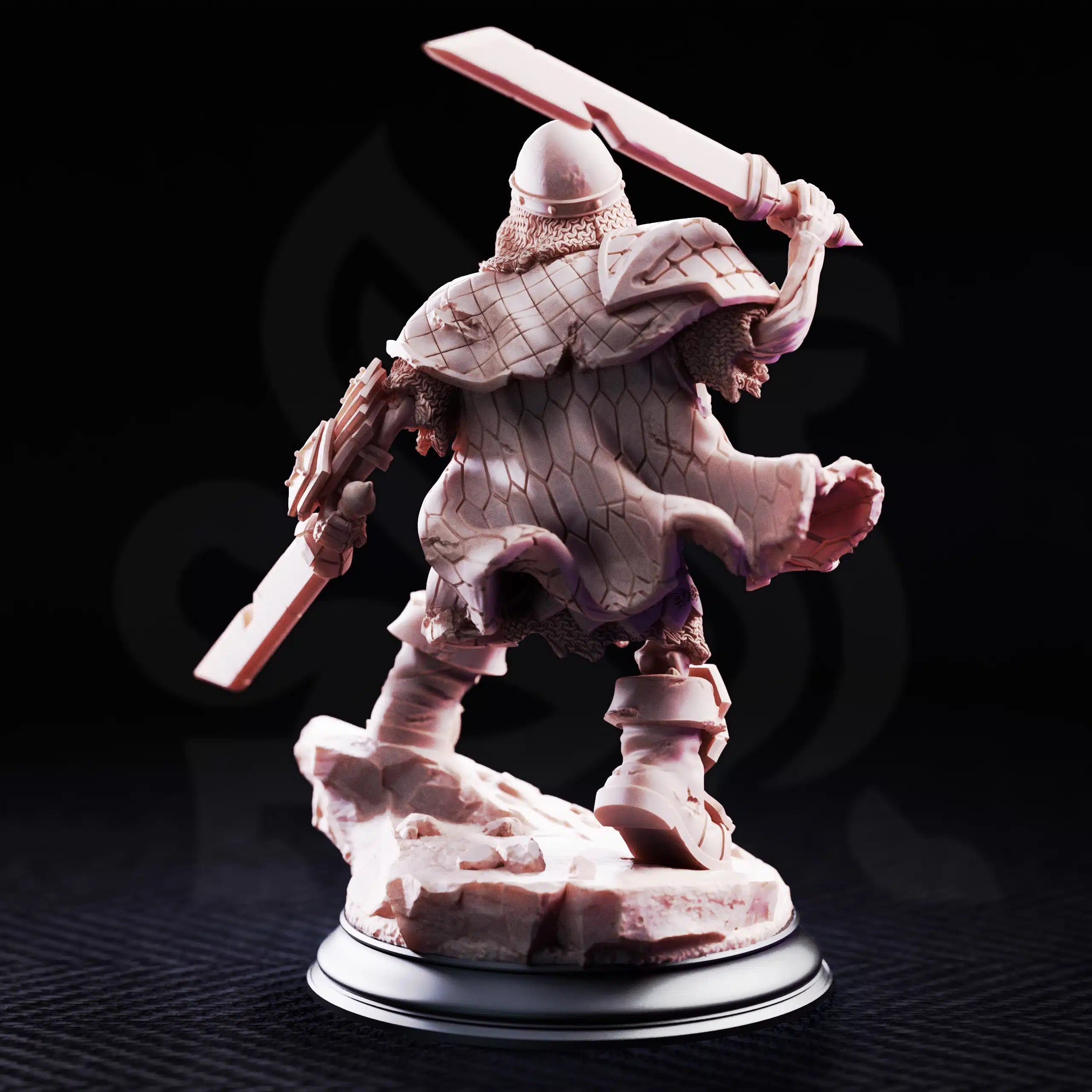 Rear view of Mook, undead dwarven brother miniature by DM Stash, showing armor, cloak, weapon, and sculpted back details.