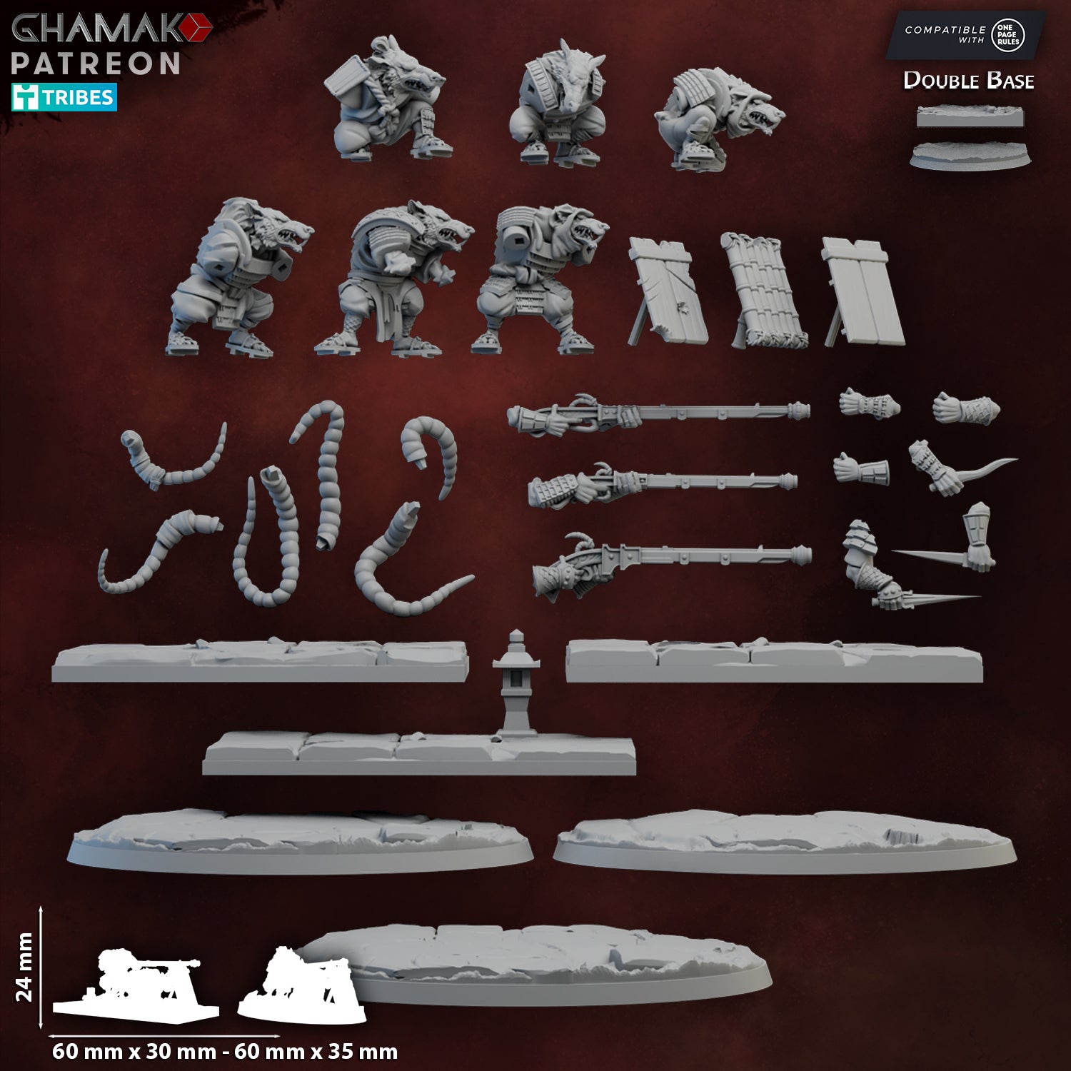 Six Murata Shooters ratfolk resin miniatures by Ghamak, arranged as fantasy shooter weapon teams with double square bases and improvised cover.