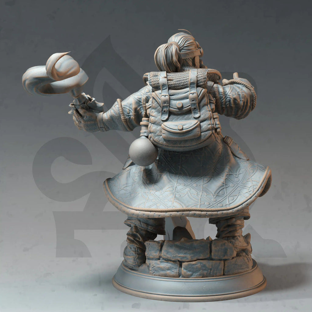 Rear view of Nesbit Prospective Potioneer dwarf artificer miniature by DM Stash, showing fantasy RPG alchemist student sculpt details.
