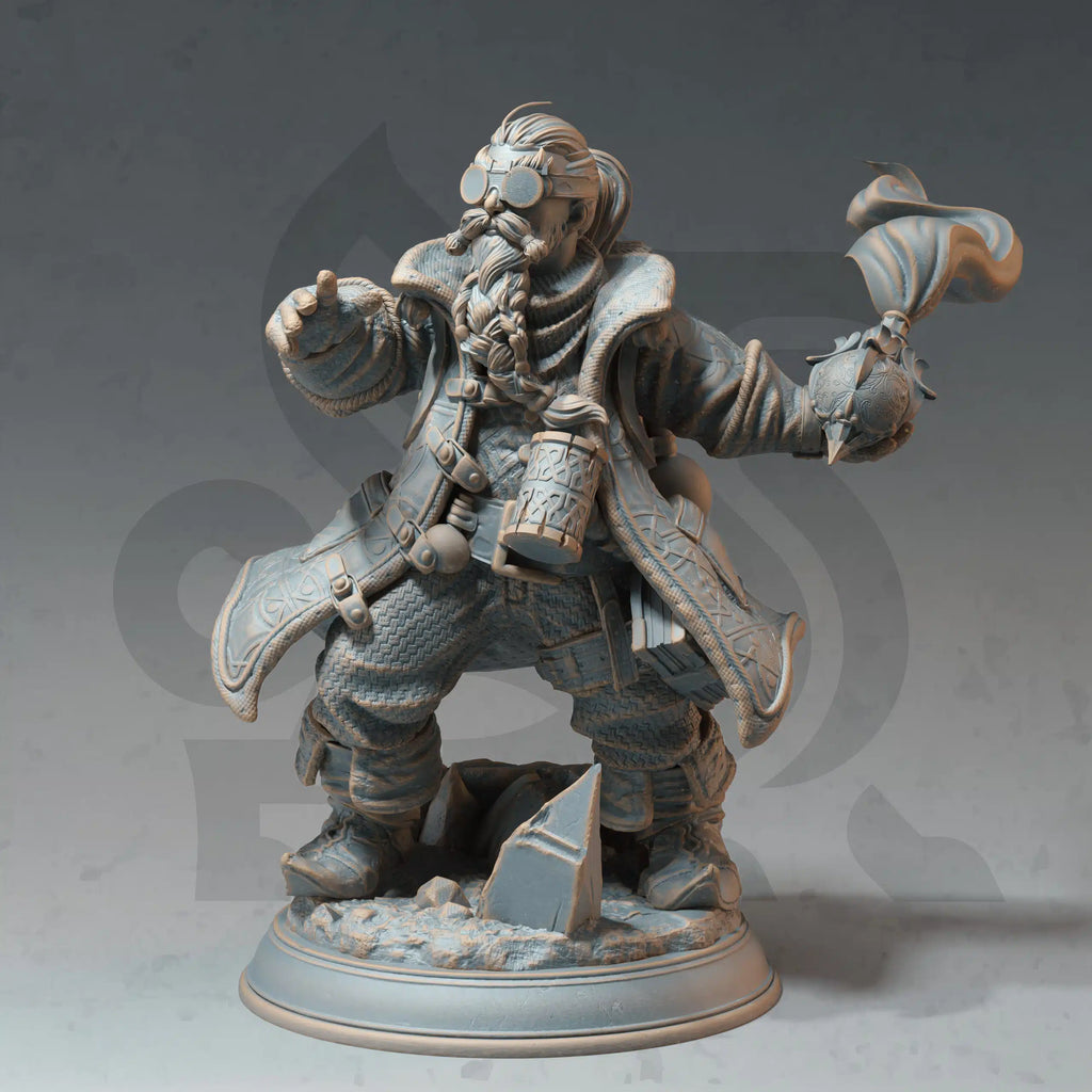 Nesbit Prospective Potioneer dwarf alchemist artificer miniature by DM Stash, resin printed fantasy RPG student NPC with potions.