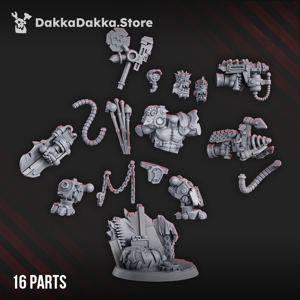 Sixteen-part Nikk 'Da Tech miniature by DakkaDakka showing alternate orc heads, mechanical weapons, cables, cybernetic limbs, equipment, and scenic base.
