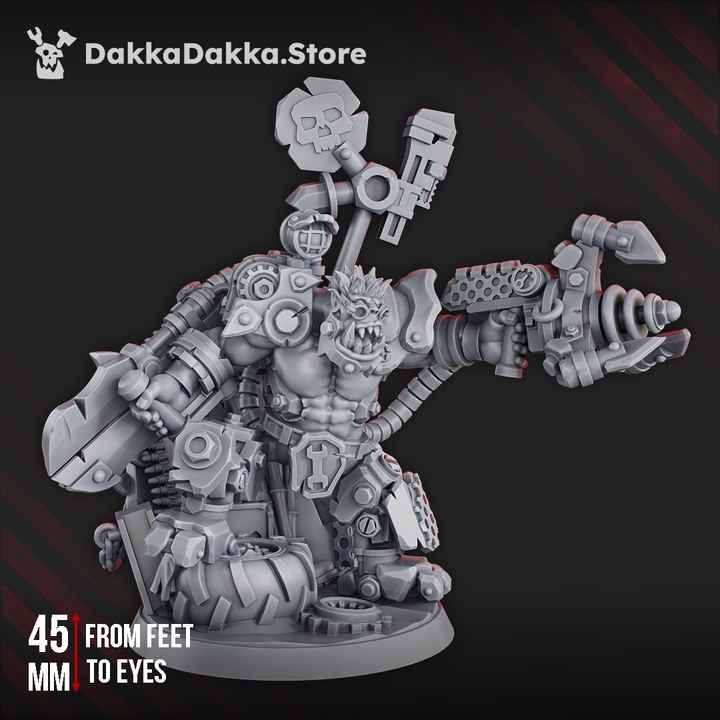 Front view of Nikk 'Da Tech, a muscular sci-fi orc engineer armed with an oversized mechanical cutter and drill-tipped industrial weapon.

