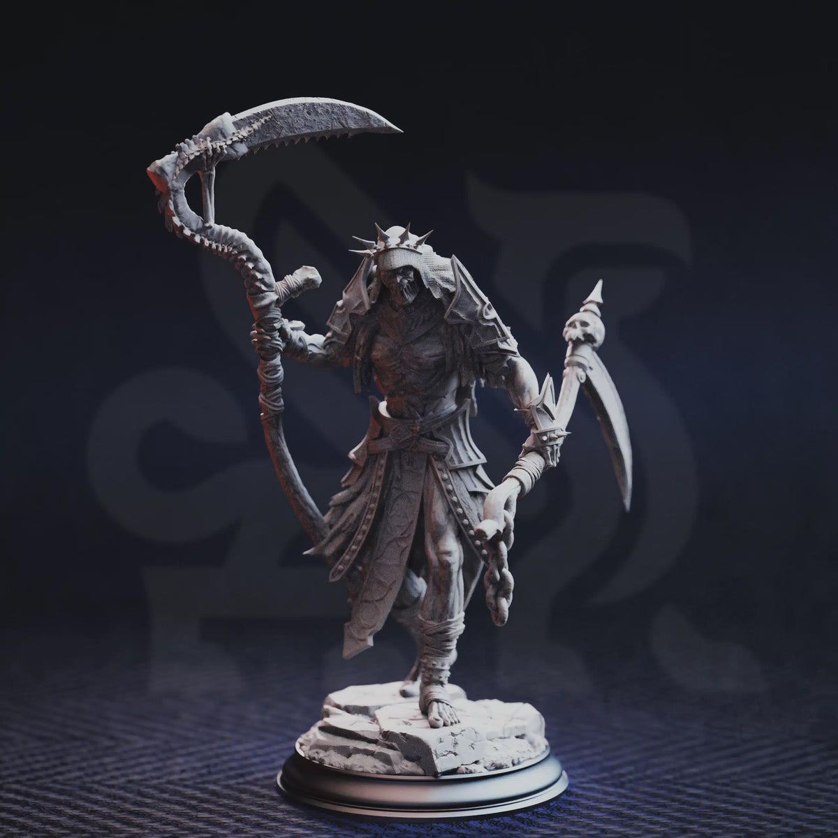 Norminos the Flesh Reaper by DM Stash, undead monster wielding twin scythes, fantasy miniature for plague-themed RPG encounters.