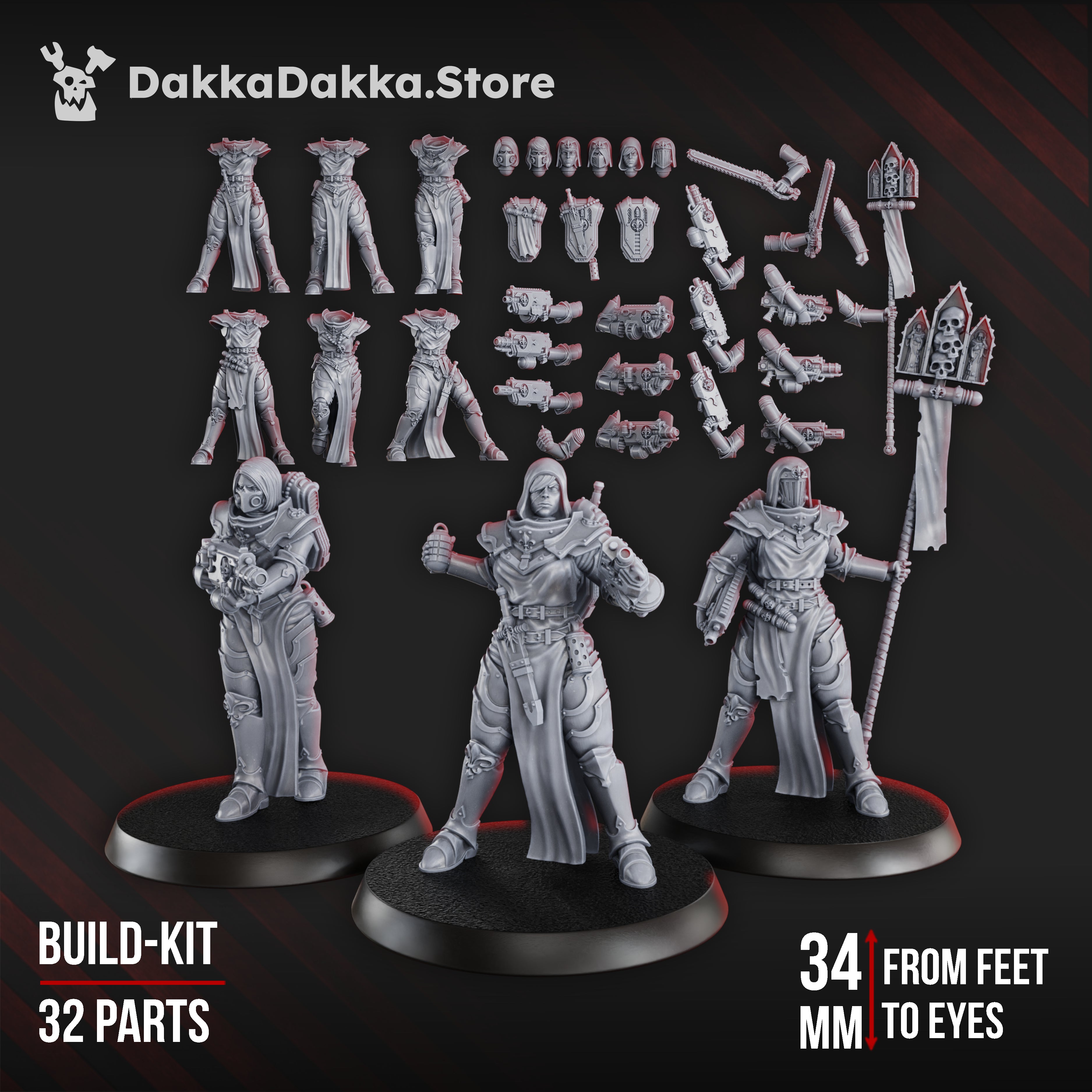 War Sisters Novice Squad Build Kit by DakkaDakka, showing 32 modular resin parts used to build six sci-fi sister miniatures.