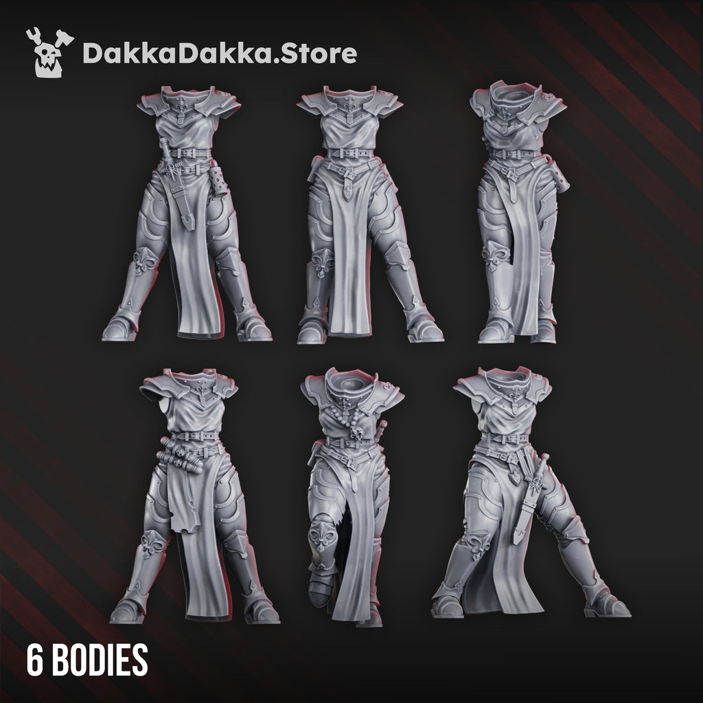 War Sisters Novice Squad body options by DakkaDakka, showing six modular sci-fi sister bodies with robes, armor, belts, and gothic infantry details.