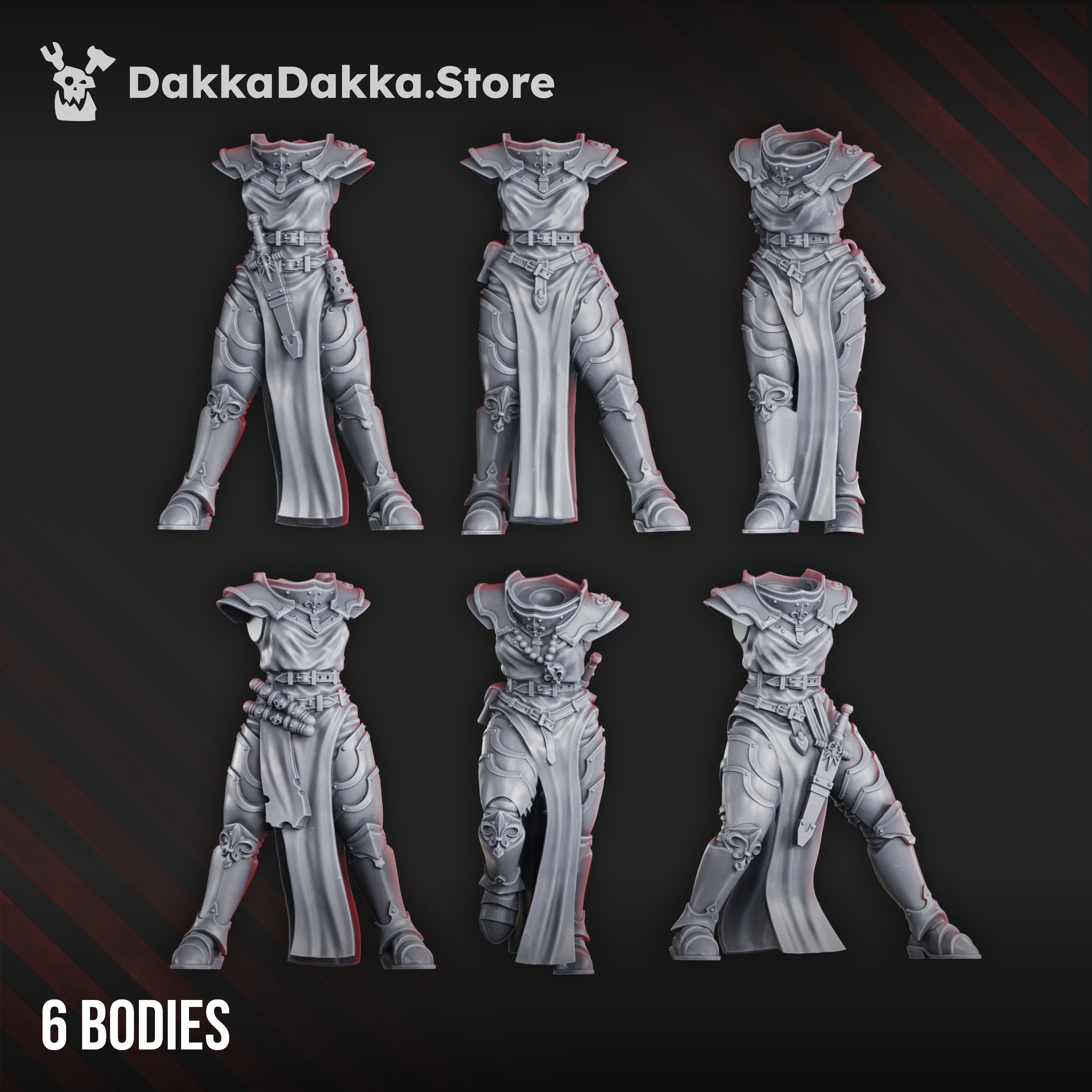 War Sisters Novice Squad body options by DakkaDakka, showing six modular sci-fi sister bodies with robes, armor, belts, and gothic infantry details.