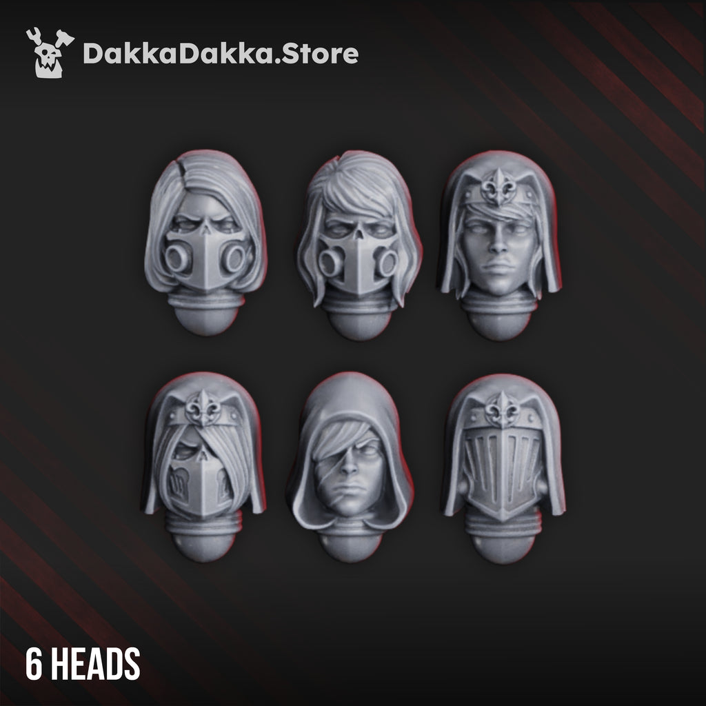 War Sisters Novice Squad head options by DakkaDakka, showing six sci-fi sister heads with masks, hoods, veils, and helmeted styles.