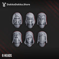 War Sisters Novice Squad head options by DakkaDakka, showing six sci-fi sister heads with masks, hoods, veils, and helmeted styles.