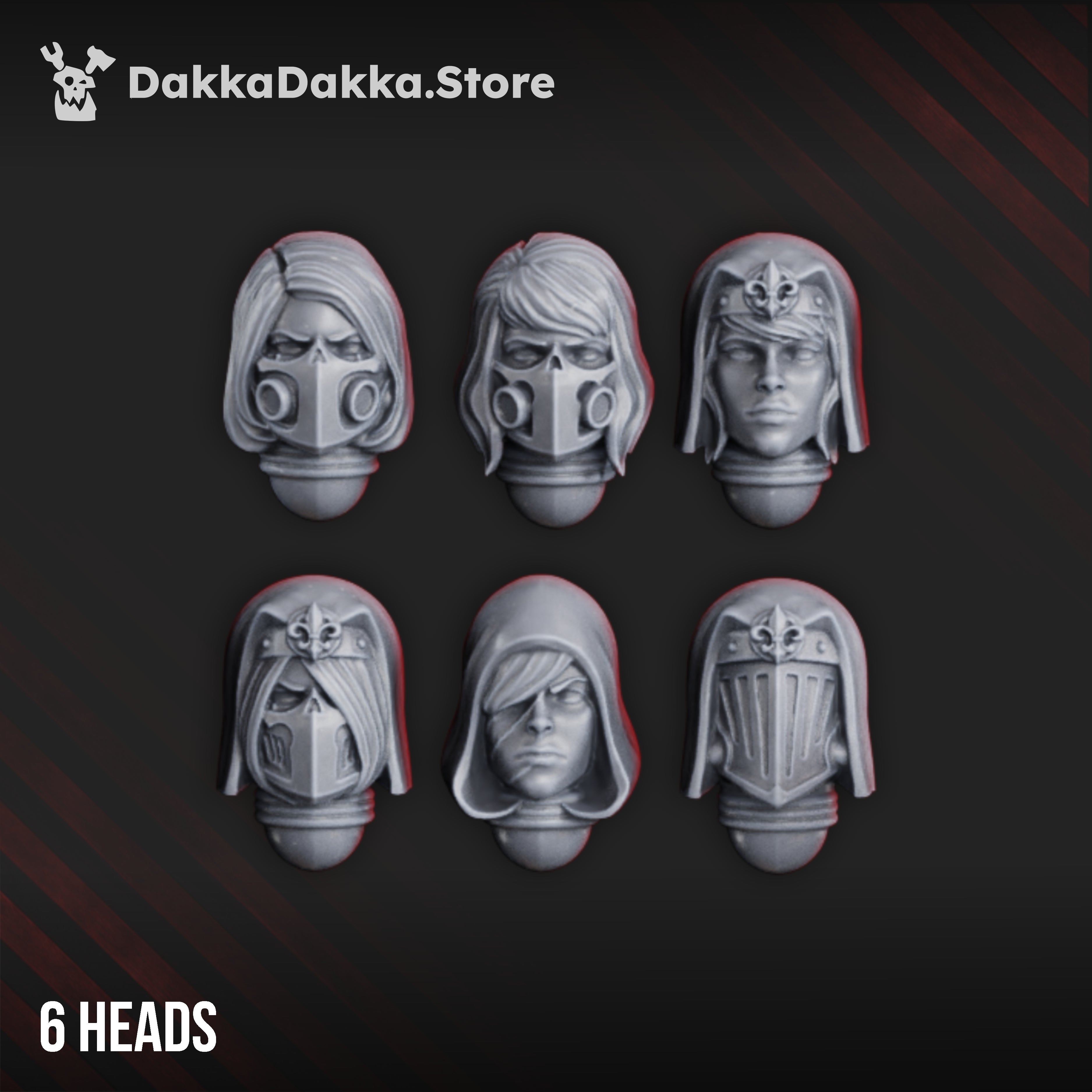 War Sisters Novice Squad head options by DakkaDakka, showing six sci-fi sister heads with masks, hoods, veils, and helmeted styles.