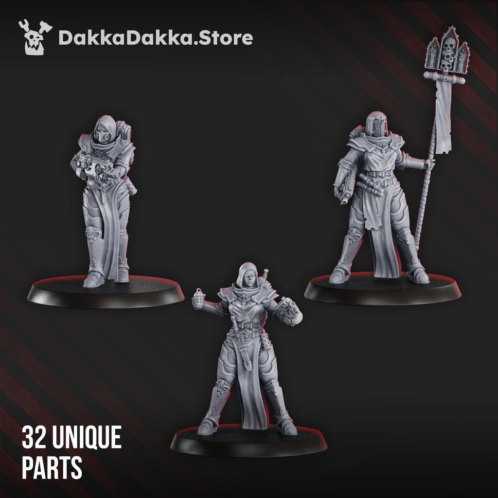 Three assembled example builds from the War Sisters Novice Squad Build Kit by DakkaDakka, showing modular sci-fi sister infantry with rifles, grenade, banner, and robes.