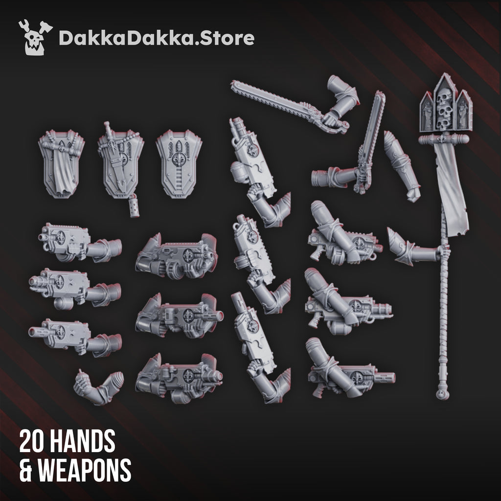 War Sisters Novice Squad weapon and arm options by DakkaDakka, showing modular sci-fi rifles, pistols, blades, banner, hands, and shield accessories.