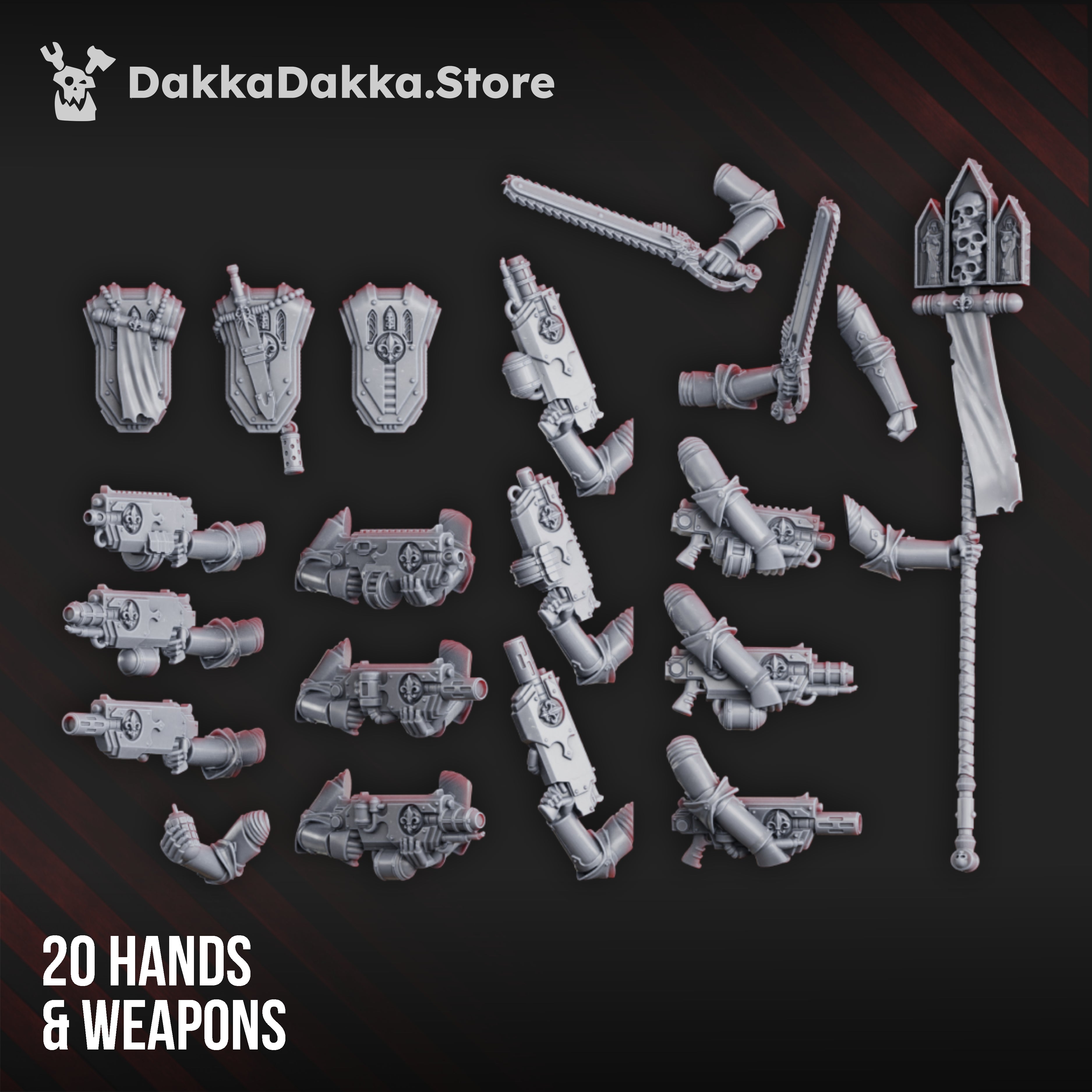 War Sisters Novice Squad weapon and arm options by DakkaDakka, showing modular sci-fi rifles, pistols, blades, banner, hands, and shield accessories.