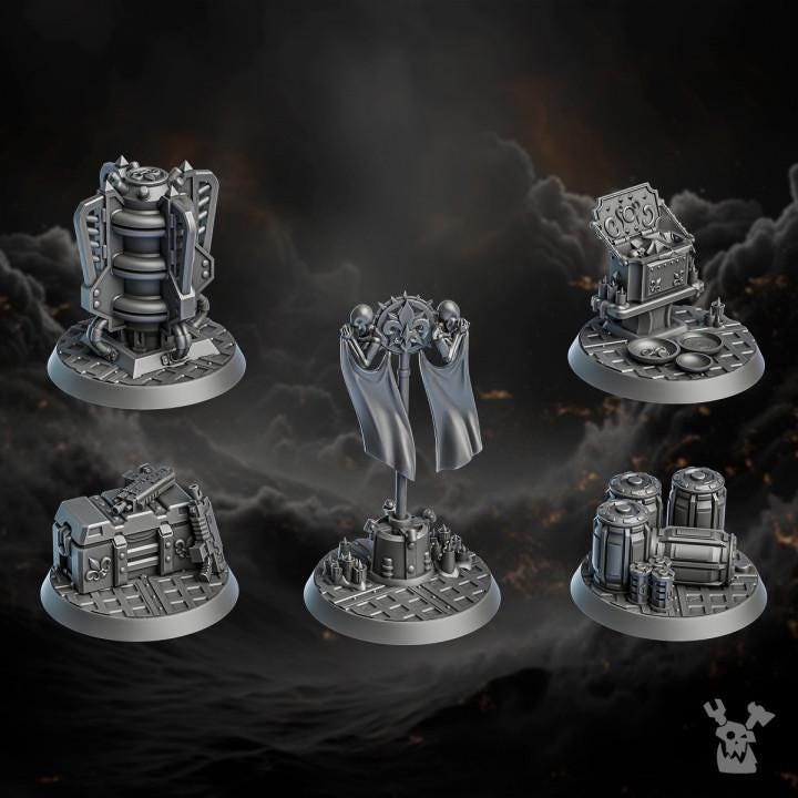 Set of five detailed 3D‑printed objective markers from the Order of Repentance by DakkaDakka, featuring gothic banners, supply crates, stacked canisters, machinery, and a glowing-style power node on round bases.