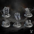 Set of five detailed 3D‑printed objective markers from the Order of Repentance by DakkaDakka, featuring gothic banners, supply crates, stacked canisters, machinery, and a glowing-style power node on round bases.