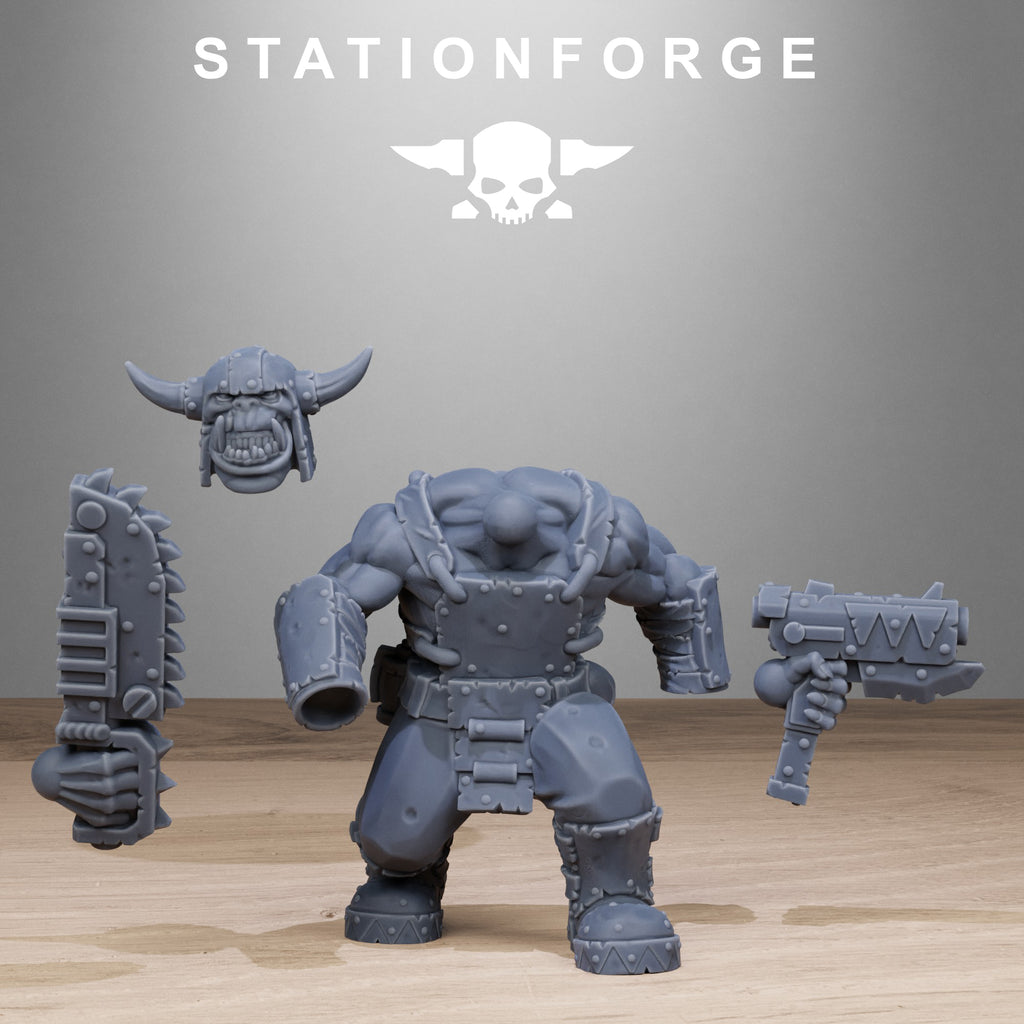 Modular Orkaz Bros Infantry resin parts with orc body, head, weapons, arms, axe, and heavy sci-fi gear.