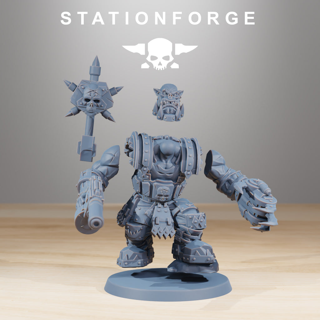 Orkaz SkullKrushers modular resin miniature by Station Forge, showing a heavily armored sci-fi Orkaz body with separate head, boss pole, and weapon arms.