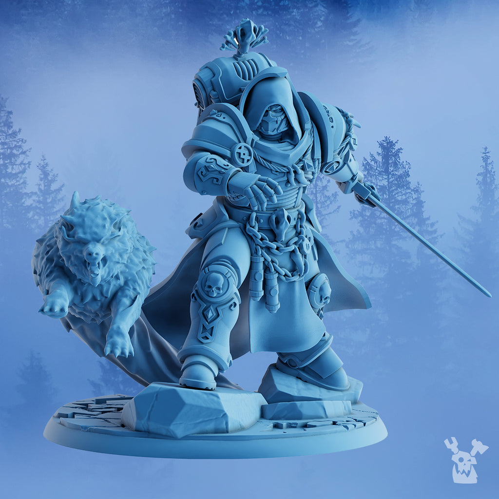 Alternate front view of Olaf The White Fang by DakkaDakka showing the armored hooded warrior, long sword, wolf companion, cloak, chains, and detailed scenic base.