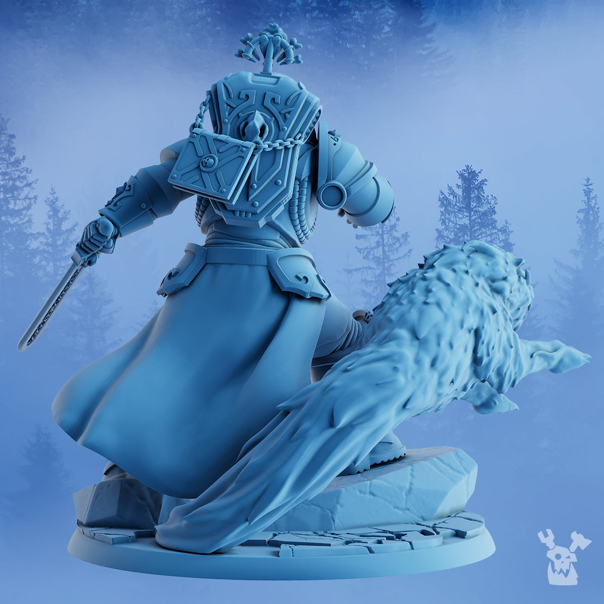Rear view of Olaf The White Fang by DakkaDakka showing the flowing cloak, backpack armor, wolf companion detail, sword, and sculpted base.