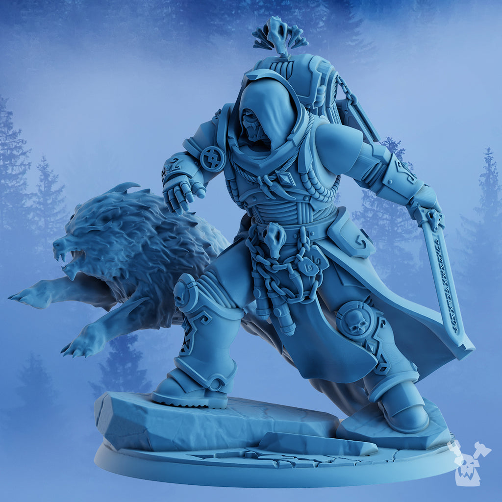 Side view of Olaf The White Fang by DakkaDakka with hooded armor, long sword, wolf companion, skull details, and Stormbringers sci-fi styling.