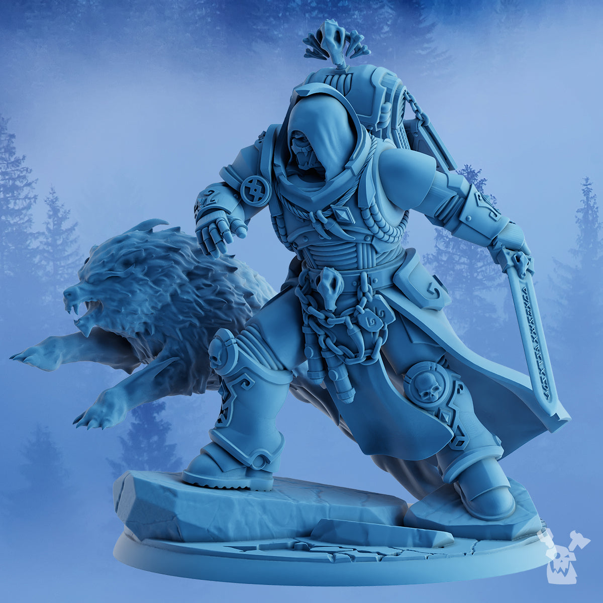 Side view of Olaf The White Fang by DakkaDakka with hooded armor, long sword, wolf companion, skull details, and Stormbringers sci-fi styling.