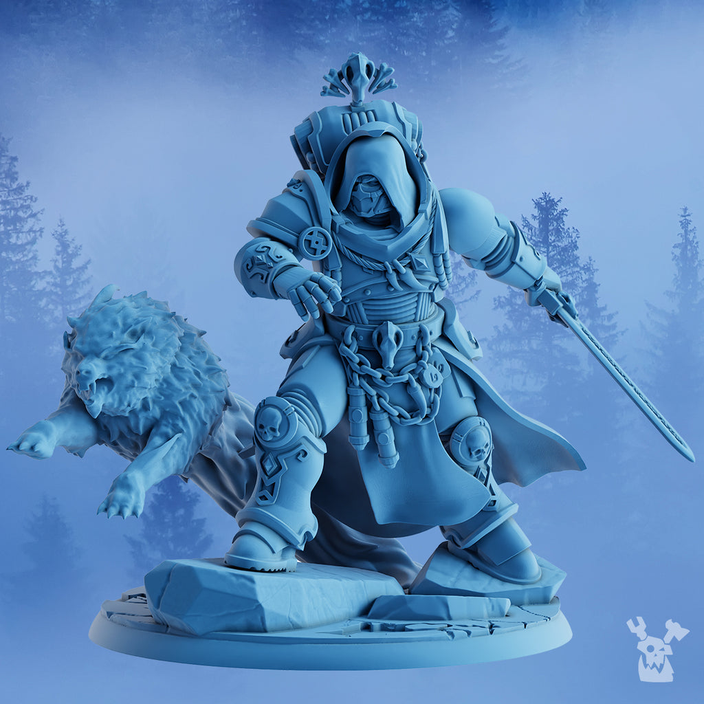Olaf The White Fang by DakkaDakka, a Stormbringers sci-fi resin character miniature with hooded armor, sword, wolf companion, skull details, and scenic rocky base.