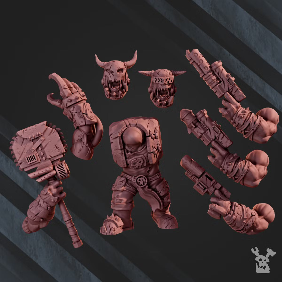 Orc Leader Assembly Kit showing armored body, two horned head options, and five weapon choices