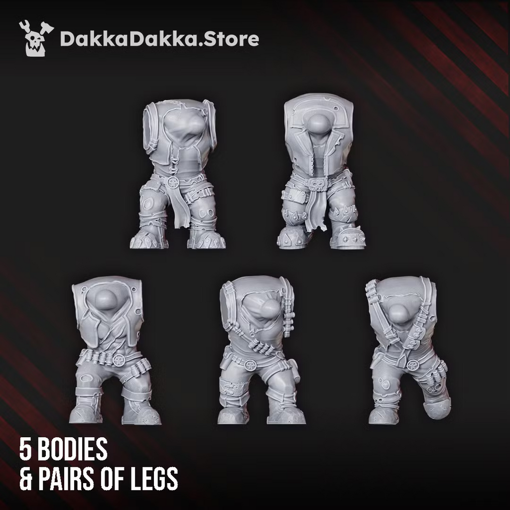 Five Orc Marauders bodies and pairs of legs by DakkaDakka, showing the modular armored torso and pose options in the sci-fi orc build kit.