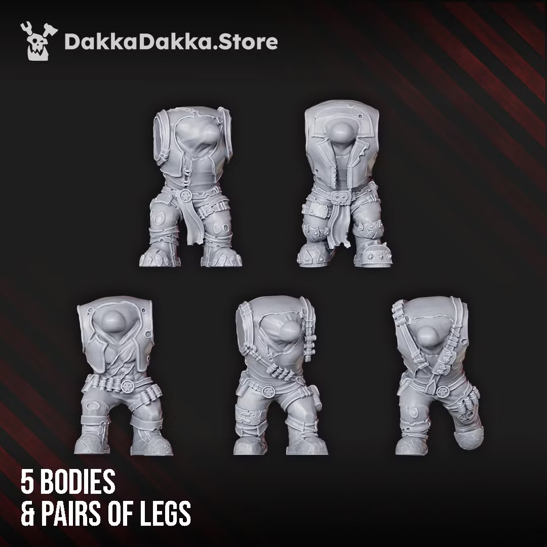 Five Orc Marauders bodies and pairs of legs by DakkaDakka, showing the modular armored torso and pose options in the sci-fi orc build kit.