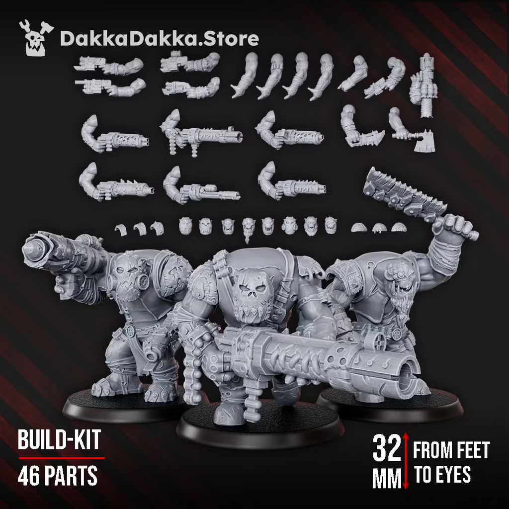 Orc Marauders by DakkaDakka, a 46-part sci-fi orc build kit for five 32mm raider miniatures with modular weapons, heads, and armor options.