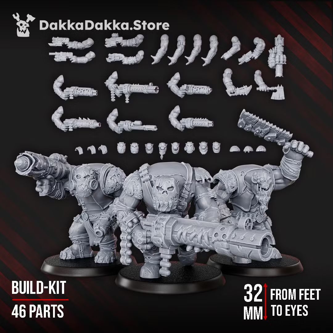 Orc Marauders by DakkaDakka, a 46-part sci-fi orc build kit for five 32mm raider miniatures with modular weapons, heads, and armor options.