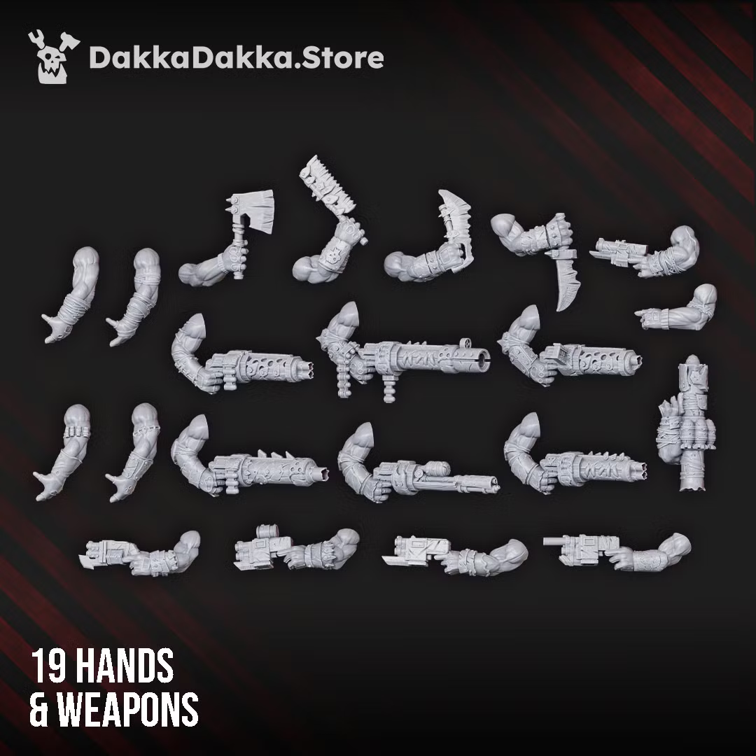 Nineteen Orc Marauders hands and weapon options by DakkaDakka, including sci-fi guns, blades, axe, and modular arms for five raider miniatures.