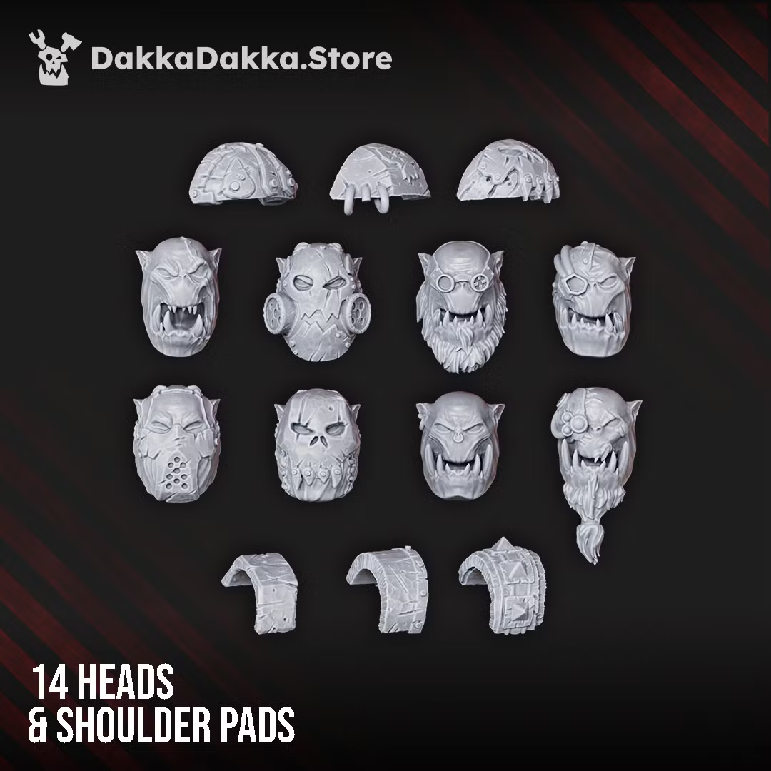 Fourteen Orc Marauders heads and shoulder-pad options by DakkaDakka, showing helmeted, masked, and bare-headed sci-fi orc customization parts.