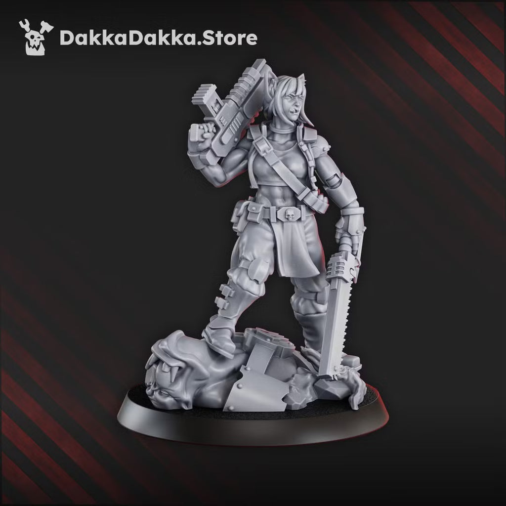 Alternate view of the Orc Slayer Commander resin miniature with sword and rifle