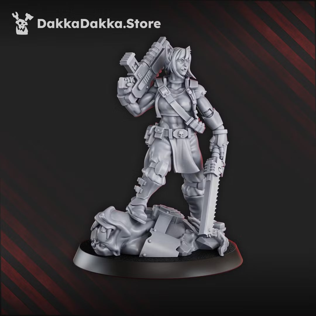 Alternate view of the Orc Slayer Commander resin miniature with sword and rifle