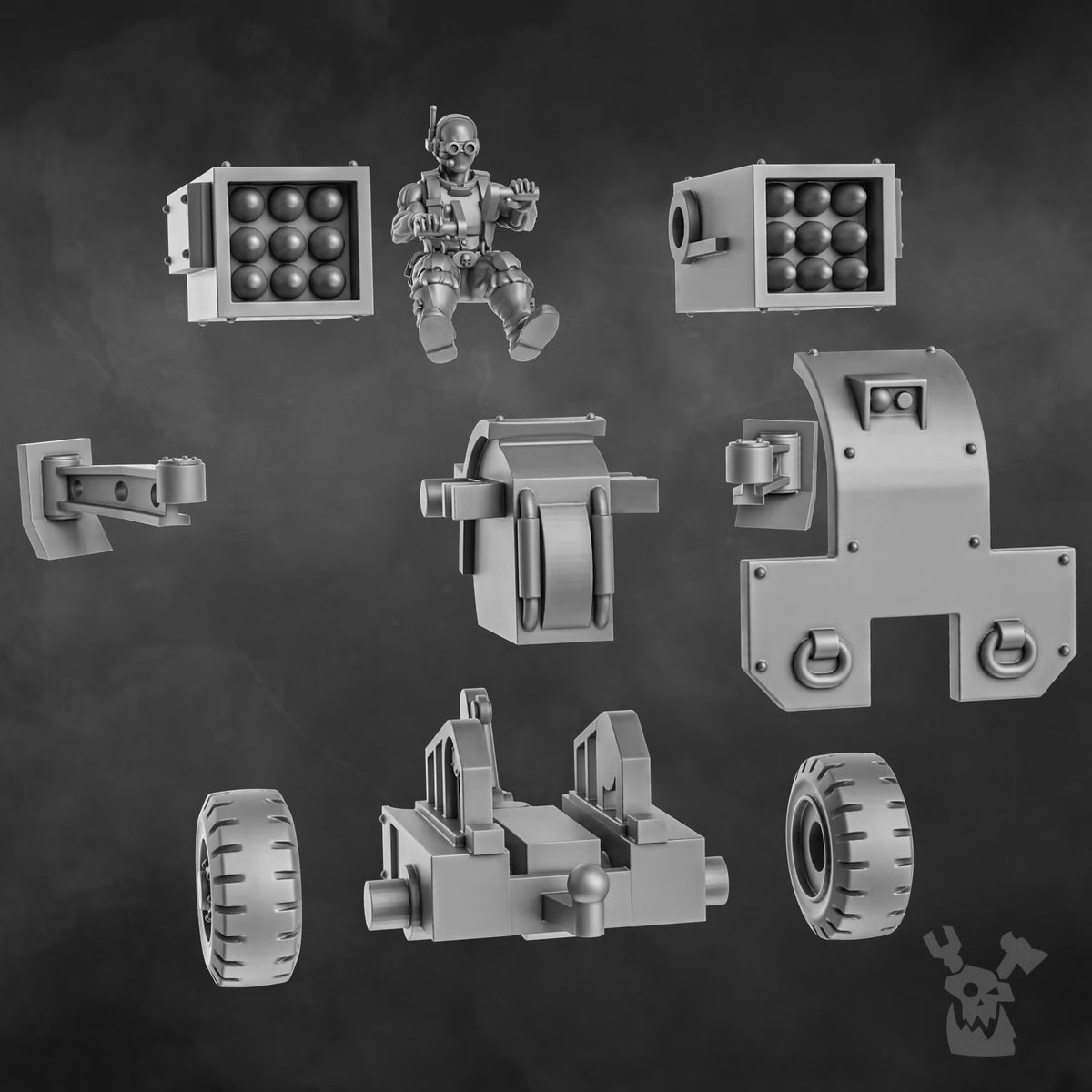 Orc Slayer Heavy Artillery Team modular build components including crew, artillery frame, ammo pods, and wheels