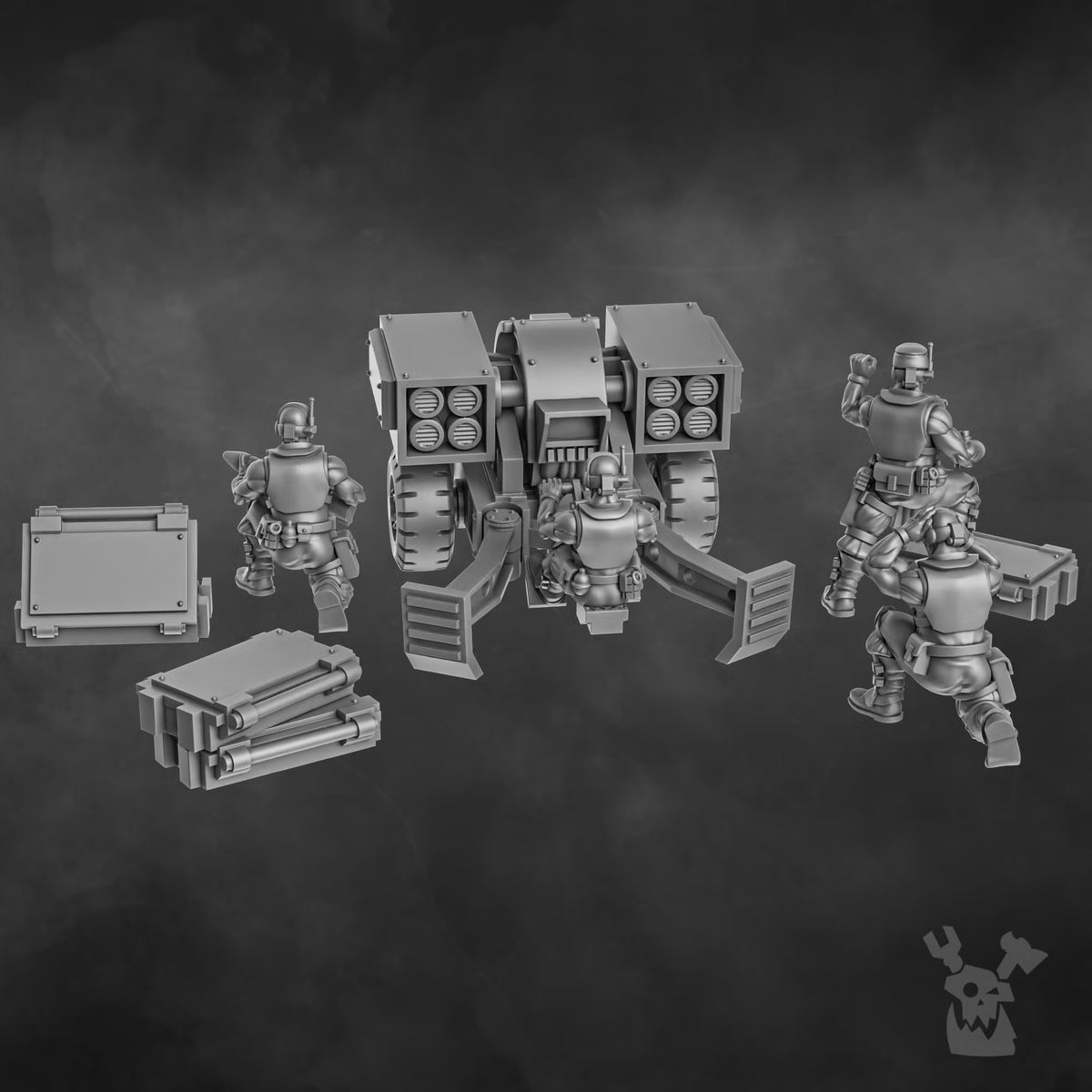 Rear overview of Orc Slayer Heavy Artillery Team with crew, ammunition crates, and artillery platform