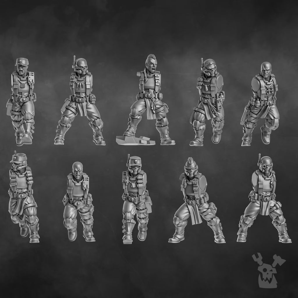 Ten Orc Slayer Squad modular body options for sci-fi human soldier miniatures