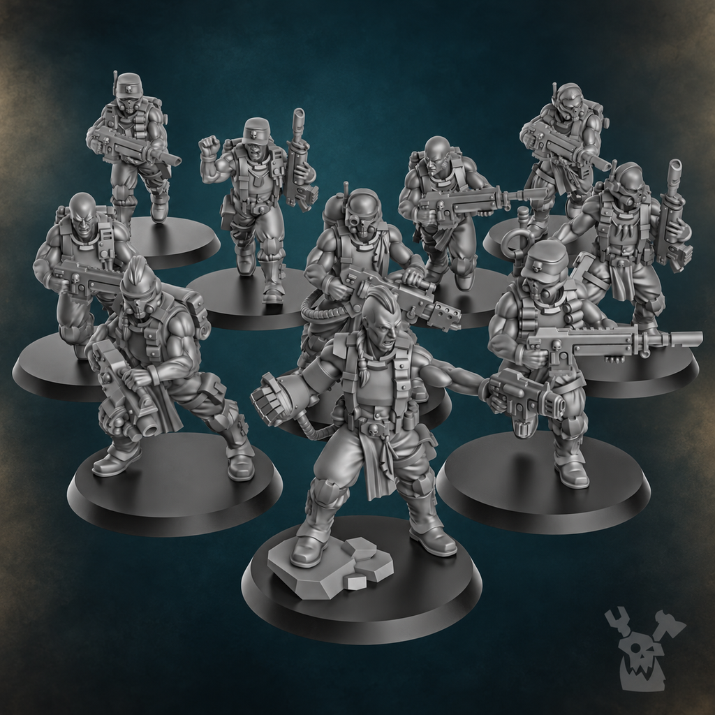 Orc Slayer Squad by DakkaDakka, ten modular sci-fi human soldier miniatures