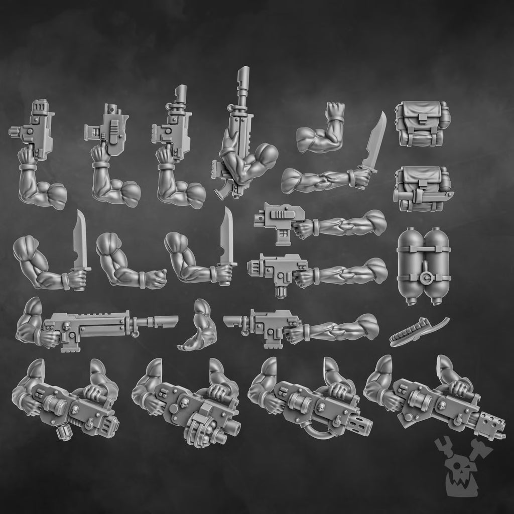 Orc Slayer Squad modular weapons, arms, blades, backpacks, and equipment