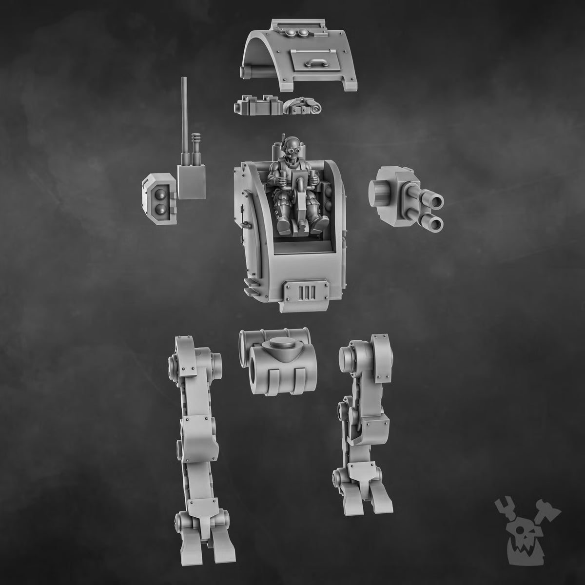Orc Slayer Stomper Mech modular build kit with pilot, cockpit, armored body, legs, and weapon assembly