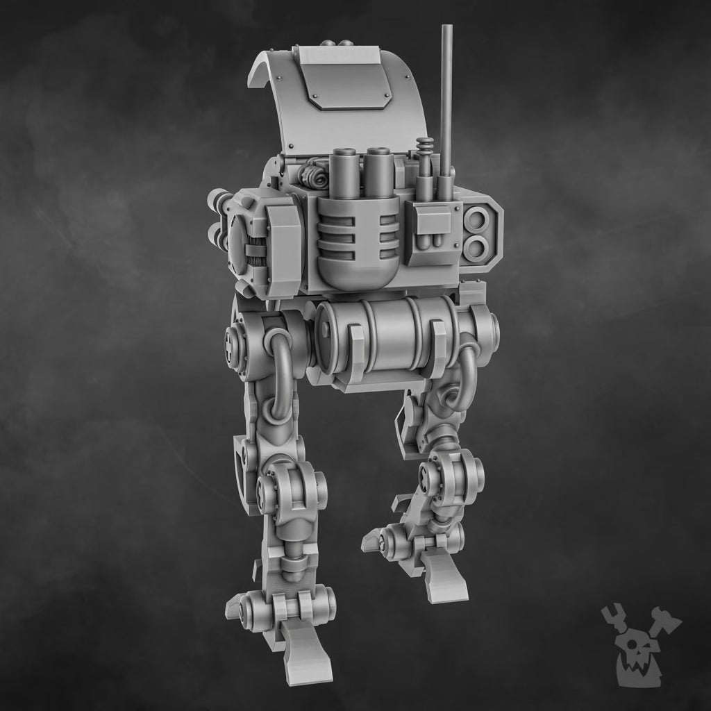 Rear view of Orc Slayer Stomper Mech with mechanical legs, engine details, and rear armor