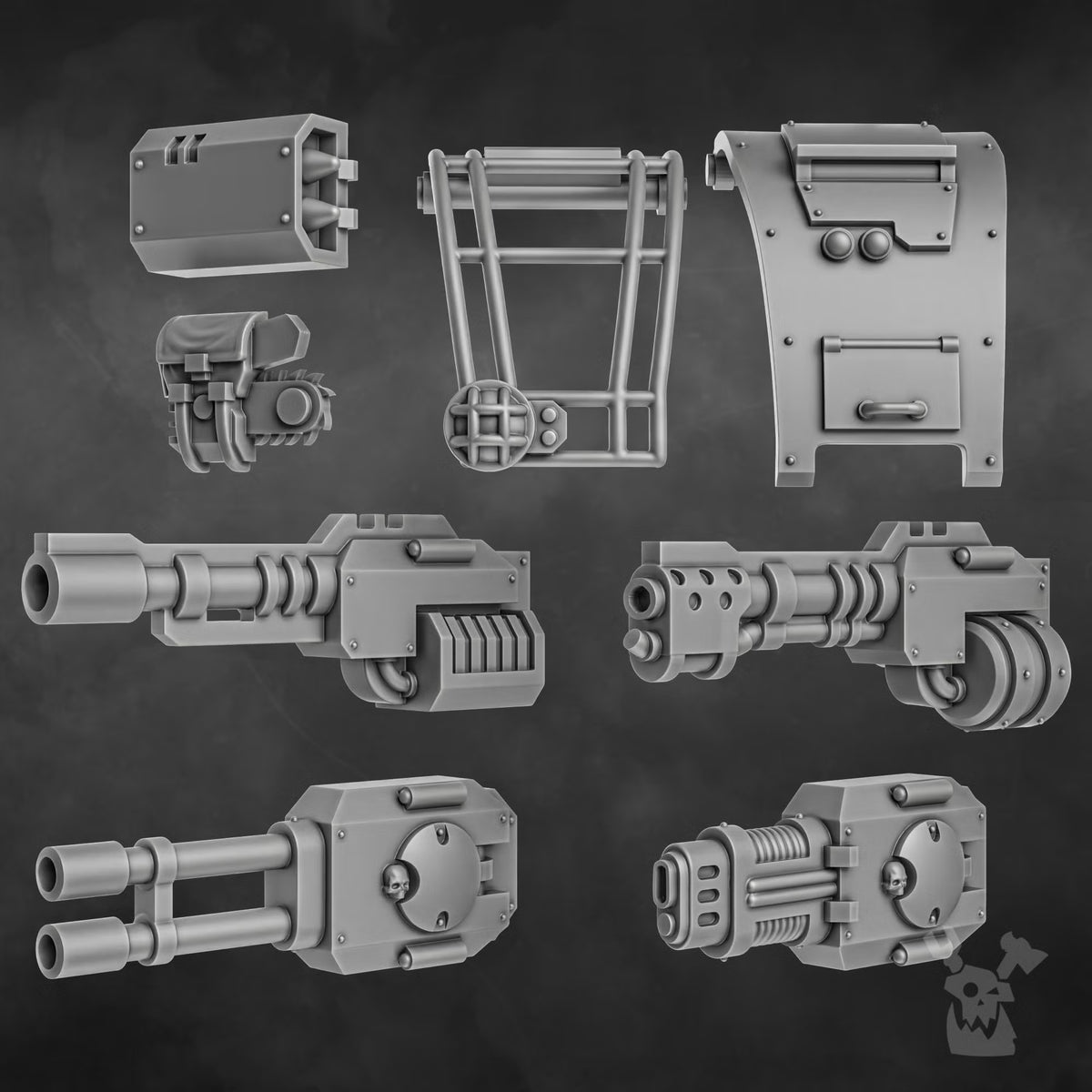 Weapon and armor components included with the Orc Slayer Stomper Mech build kit