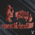Five-piece sci-fi orc terrain set by DakkaDakka, showing a saw-sign, weapon workbench, two ramshackle barricades, and ammo barrel cache.