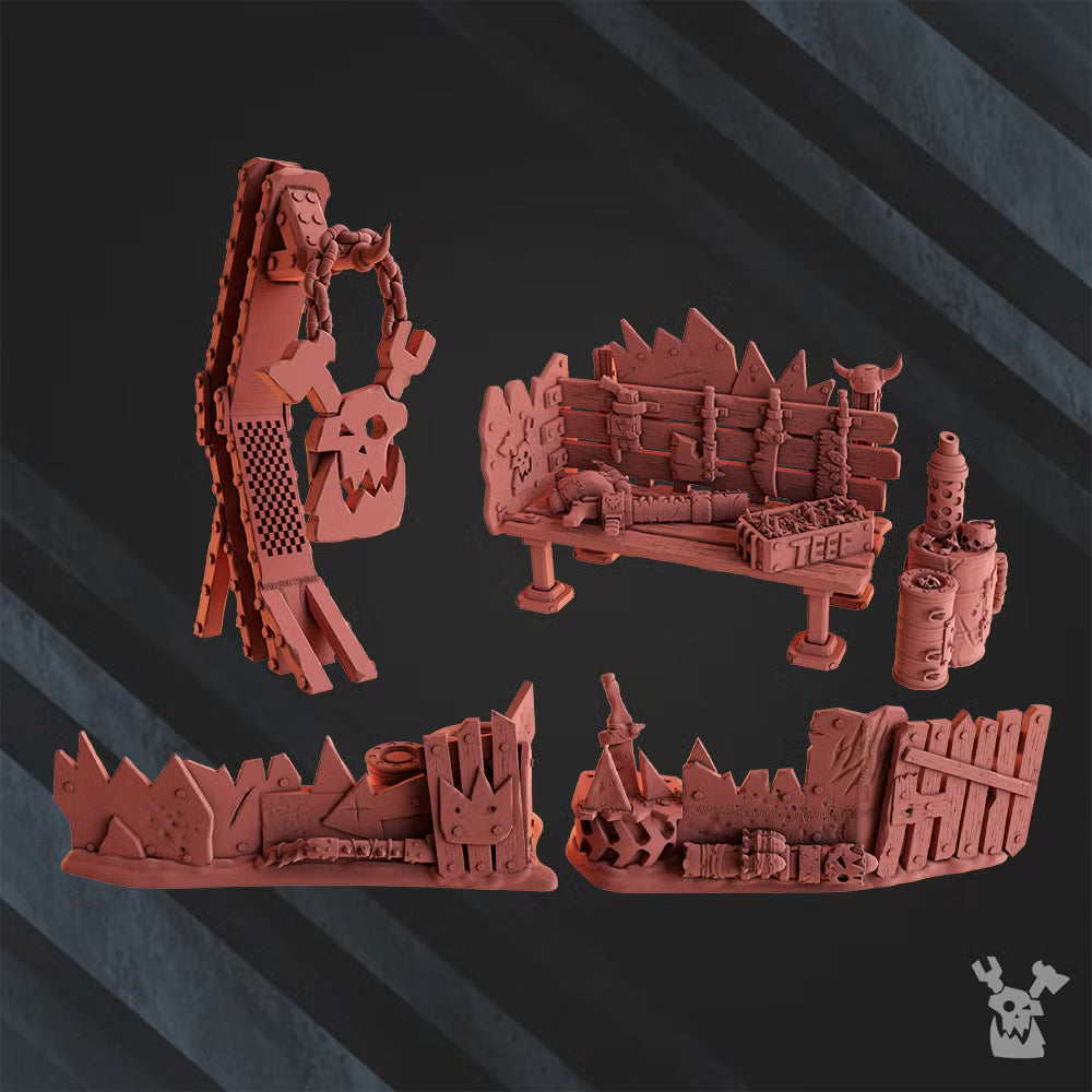Five-piece sci-fi orc terrain set by DakkaDakka, showing a saw-sign, weapon workbench, two ramshackle barricades, and ammo barrel cache.