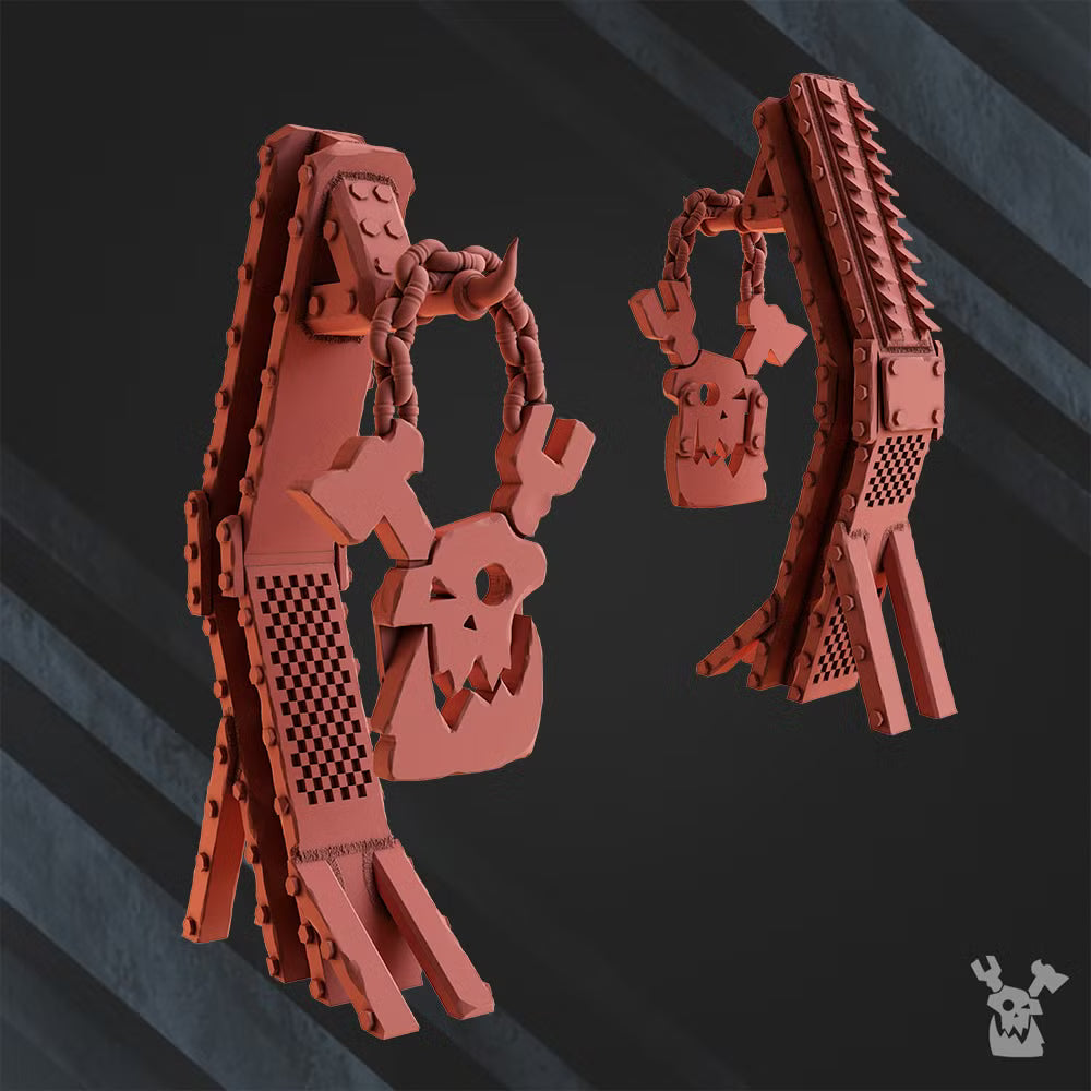 Industrial saw-sign terrain piece for sci-fi orc battlefields, showing the hanging skull-and-wrench ornament and layered scrap construction.