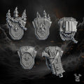 Set of five detailed 3D‑printed Order of Repentance backpacks by DakkaDakka, featuring gothic fleur‑de‑lis designs, chains, candles, purity seals, and reinforced armor plates.