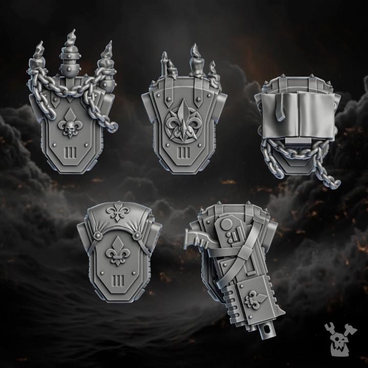 Set of five detailed 3D‑printed Order of Repentance backpacks by DakkaDakka, featuring gothic fleur‑de‑lis designs, chains, candles, purity seals, and reinforced armor plates.