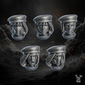 Resin 3D‑printed Order of Repentance Heads by DakkaDakka featuring five armored helmeted heads with beret‑style tops, sculpted hair, and mask designs arranged in a grid.